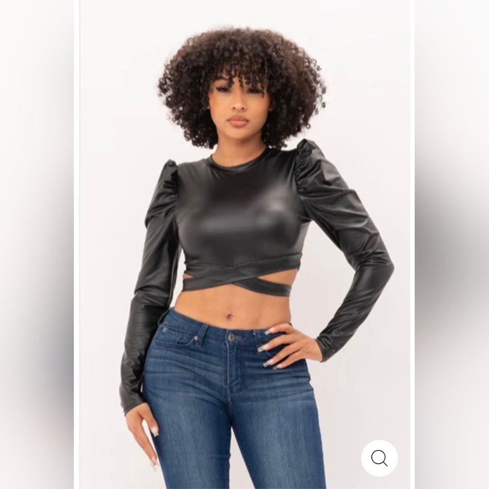 M Jr Brown Faux Leather Cropped Top.